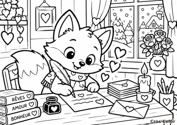 Coloriage Renard Écrit Lettre d'Amour Saint-Valentin - Dessin Renardeau, Plume, Enveloppes, Roses et Neige à Imprimer Gratuit