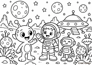 Coloriage Rencontre Astronaute et Extraterrestre Facile – Dessin Alien, Petit Robot, Soucoupe Volante et Planètes à Imprimer Gratuit