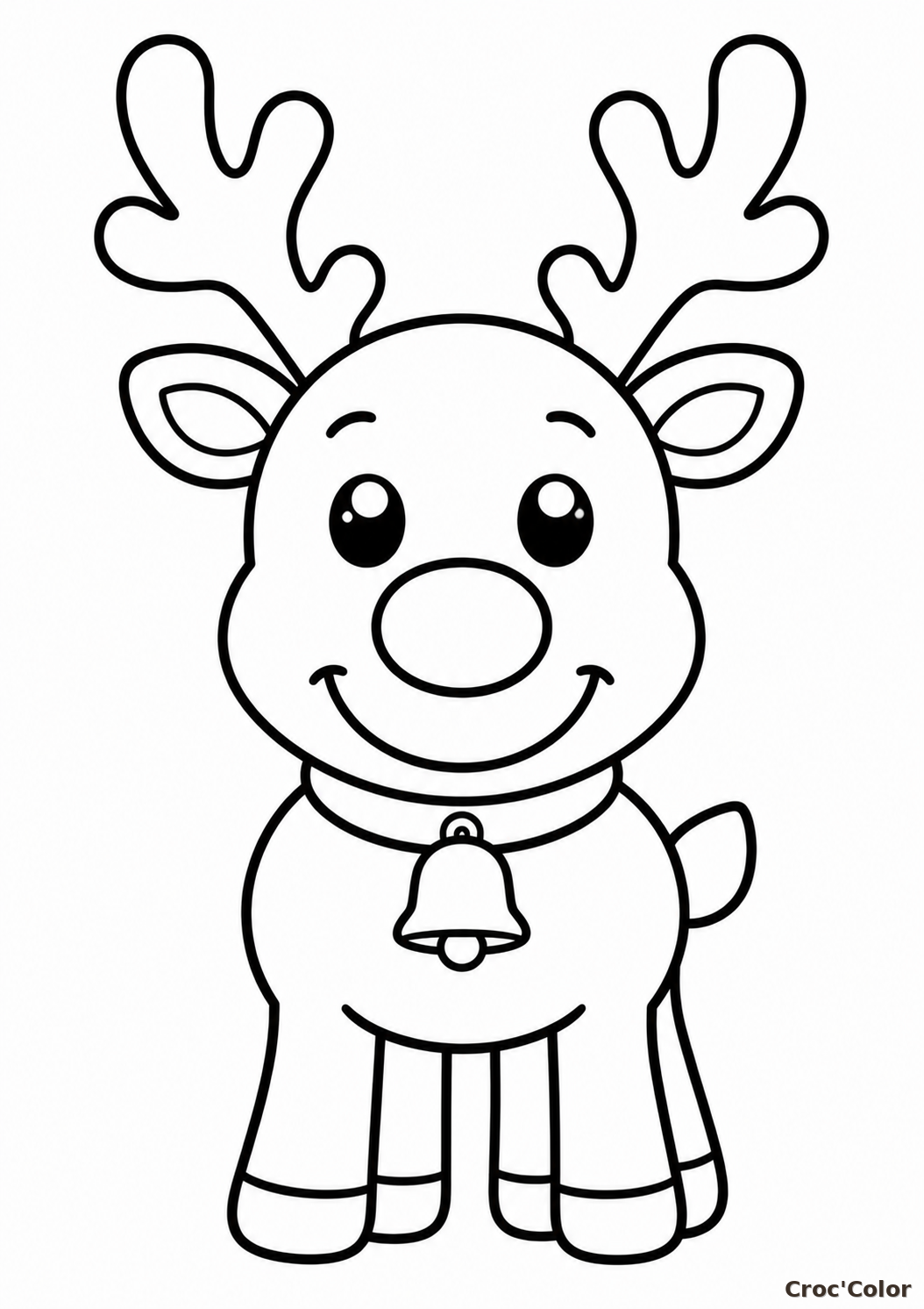 Coloriage Renne de Noël Facile Maternelle - Dessin Petit Renne Kawaii, Bois et Clochette à Imprimer Gratuit