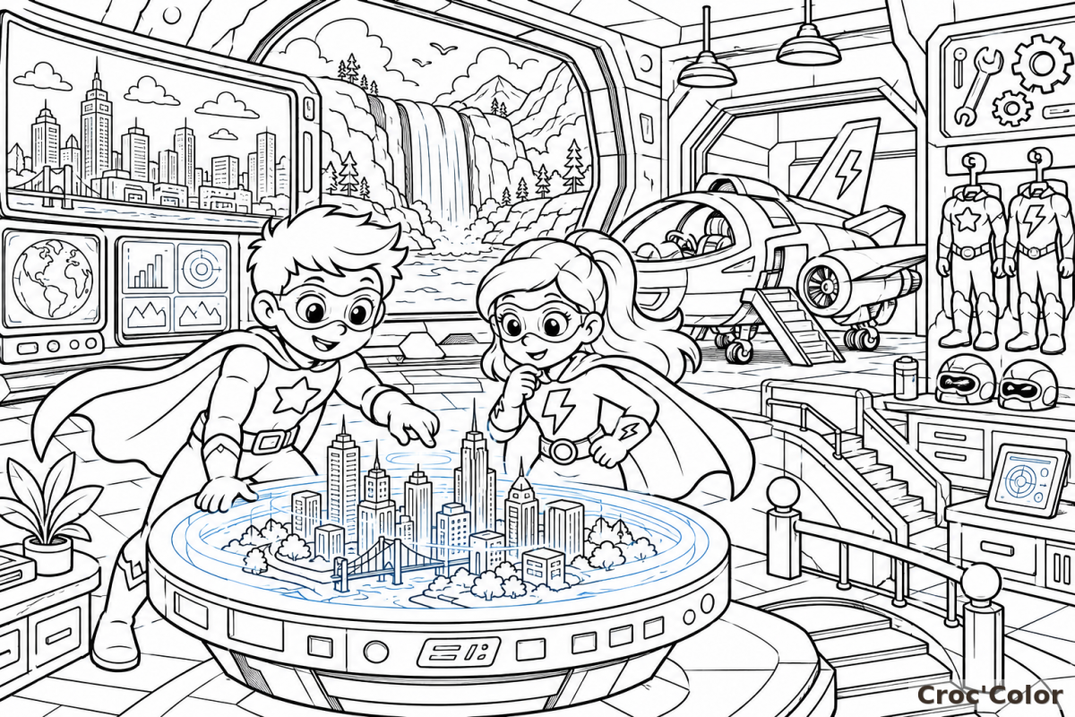 Coloriage Repaire Secret Super-Héros - Dessin Base de Commandement et Labo à Imprimer Gratuit