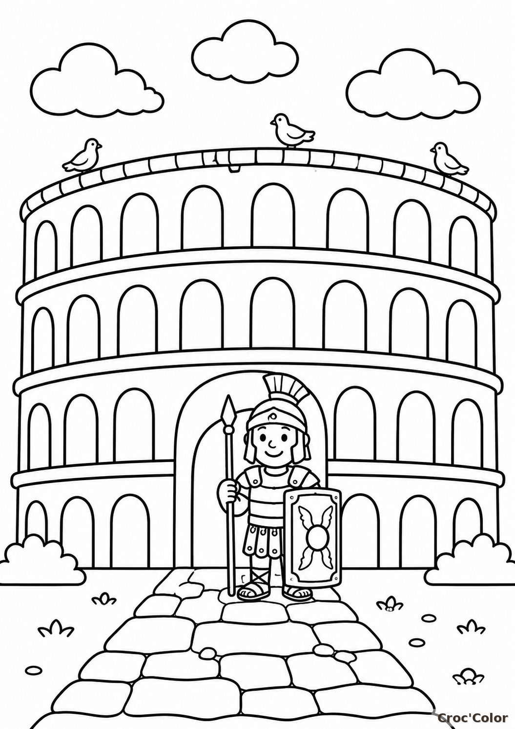 Coloriage Romain et le Colisée de Rome - Dessin Légionnaire Romain, Casque, Bouclier et Monument Historique à Imprimer Gratuit