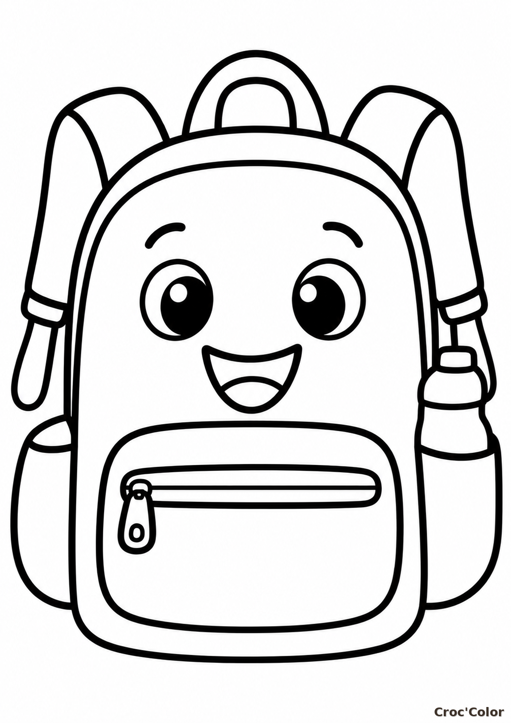 Coloriage Sac à Dos Kawaii Facile Maternelle - Dessin Sac de Randonnée Souriant, Gourde et Poche à Imprimer Gratuit