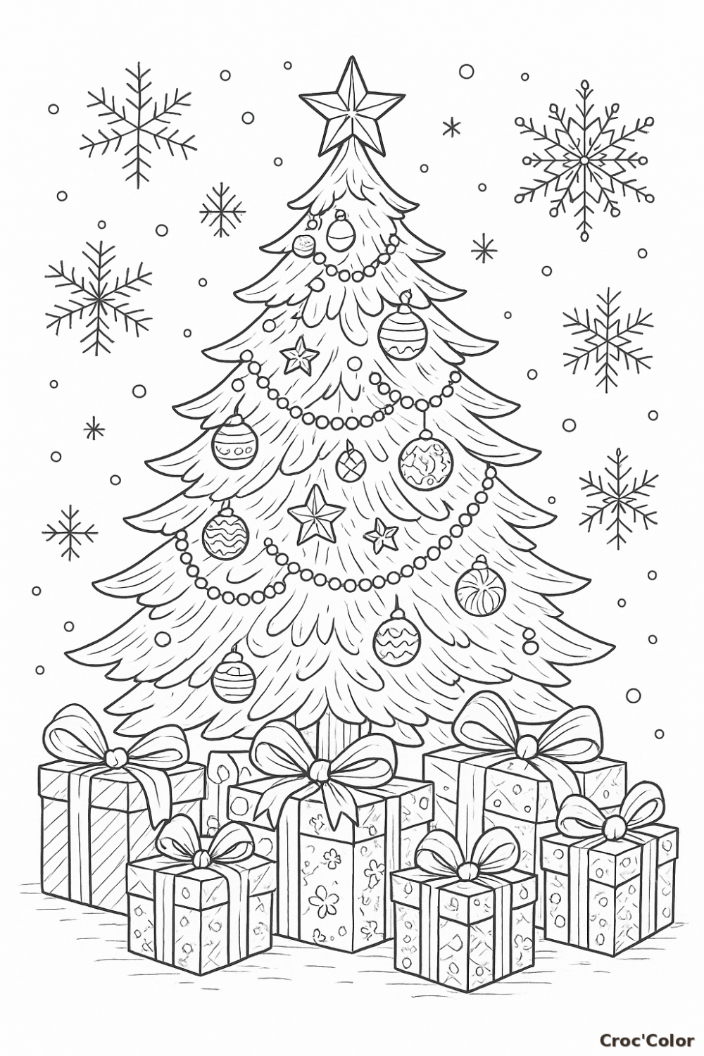 Coloriage Sapin de Noël et Cadeaux au Pied de l'Arbre - Dessin Flocons à Imprimer Gratuit