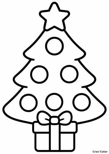 Coloriage Sapin de Noël Facile Maternelle - Dessin Sapin Décoré, Étoile, Boules et Cadeau à Imprimer Gratuit