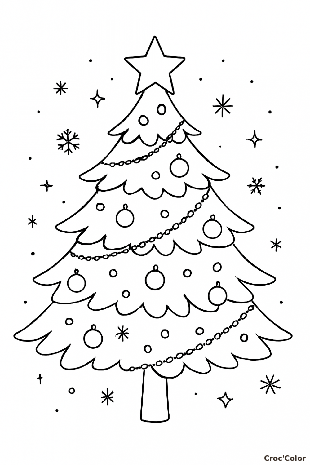 Coloriage Sapin de Noël Magique avec Étoile et Flocons : Dessin à Imprimer