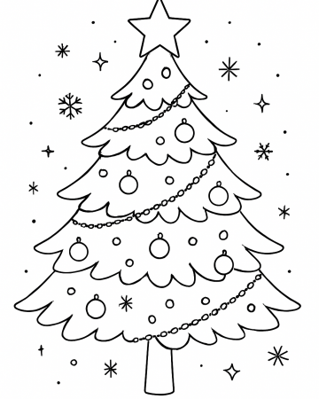 Coloriage Sapin de Noël Magique avec Étoile et Flocons : Dessin à Imprimer