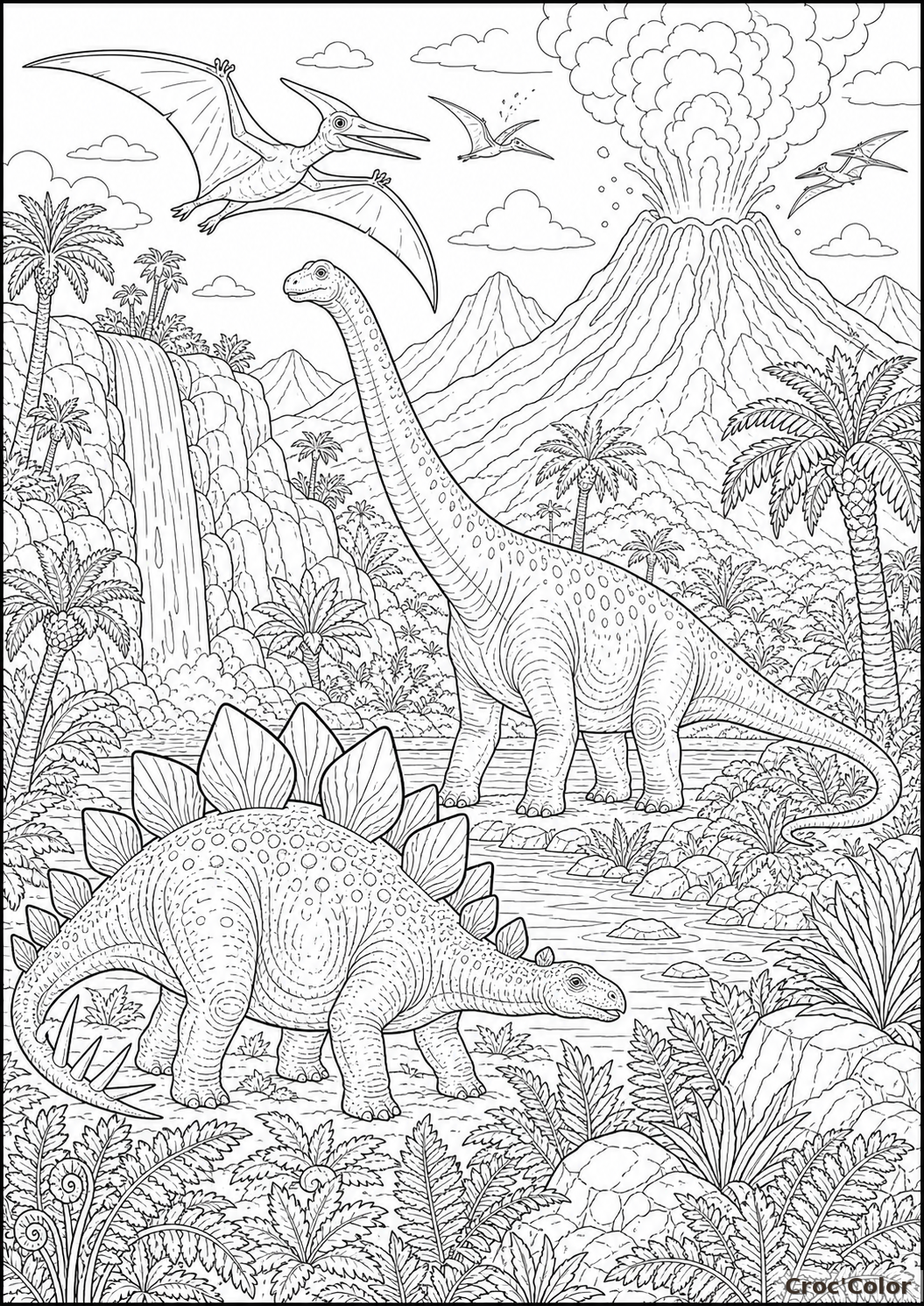 Coloriage scène préhistorique avec dinosaures - Dessin détaillé à imprimer
