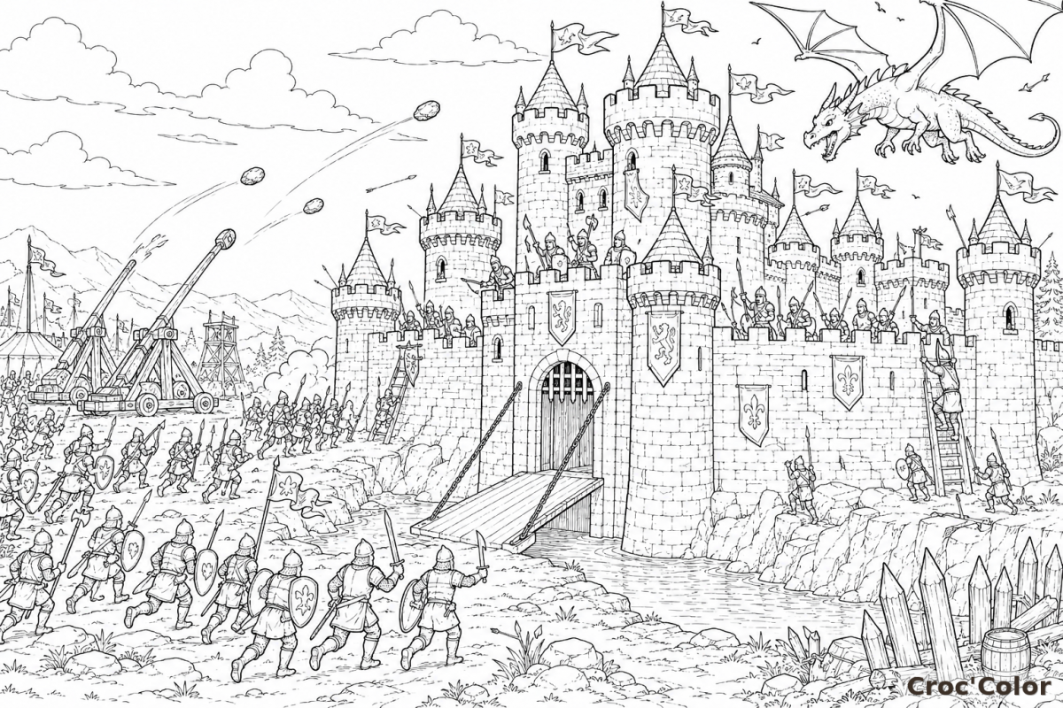 Coloriage Siège du Château Fort et Dragon - Dessin Attaque de Chevaliers, Catapultes et Pont-Levis à Imprimer Gratuit