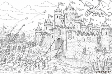 Coloriage Siège du Château Fort et Dragon - Dessin Attaque de Chevaliers, Catapultes et Pont-Levis à Imprimer Gratuit