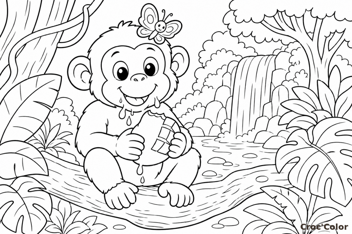 Coloriage Singe Mangeant une Mangue dans la Jungle - Dessin Petit Singe, Cascade, Papillon et Cascade à Imprimer Gratuit