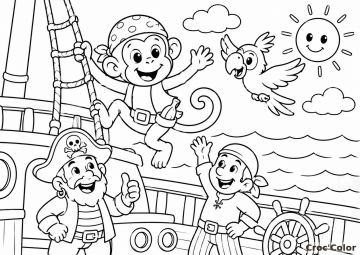 Coloriage Singe Pirate et Navire de Pirates - Dessin Capitaine Pirate, Moussaillon, Perroquet et Bateau à Imprimer Gratuit