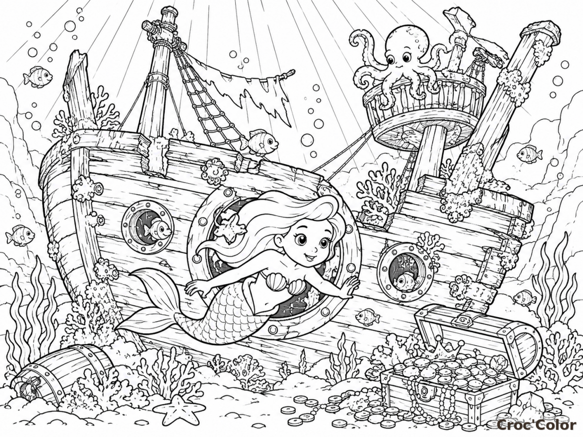 Coloriage Sirène et Bateau Pirate Encastré - Dessin Épave Sous-Marine et Trésor à Imprimer Gratuit