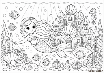 Coloriage Sirène et Château Sous l'Océan - Dessin Palais de Coquillages à Imprimer