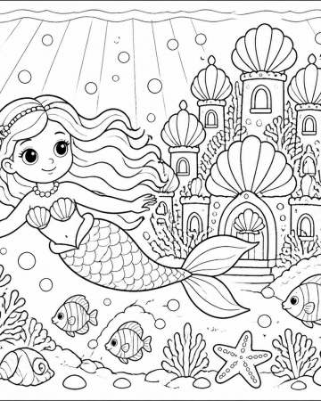 Coloriage Sirène et Château Sous l'Océan - Dessin Palais de Coquillages à Imprimer