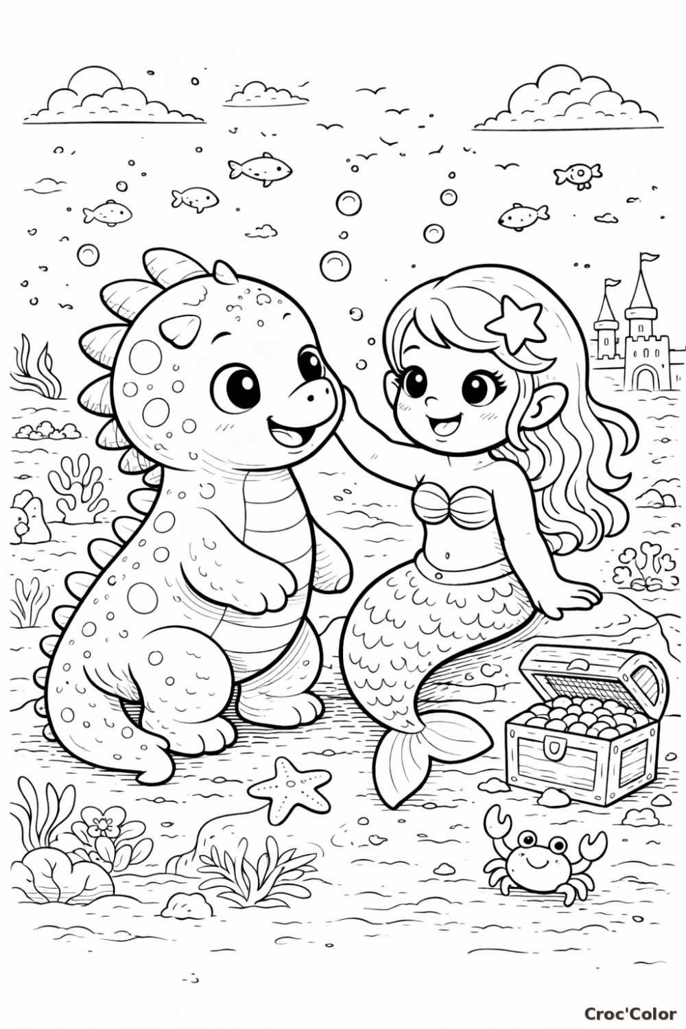 Coloriage Sirène et Bébé Dinosaure Sous la Mer - Dessin Océan Mignon à Imprimer
