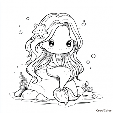 Coloriage Sirène Facile Maternelle - Dessin Petite Sirène sur son Rocher à Imprimer Gratuit