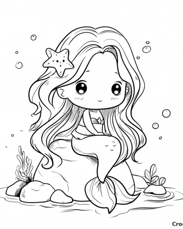 Coloriage Sirène Facile Maternelle - Dessin Petite Sirène sur son Rocher à Imprimer Gratuit