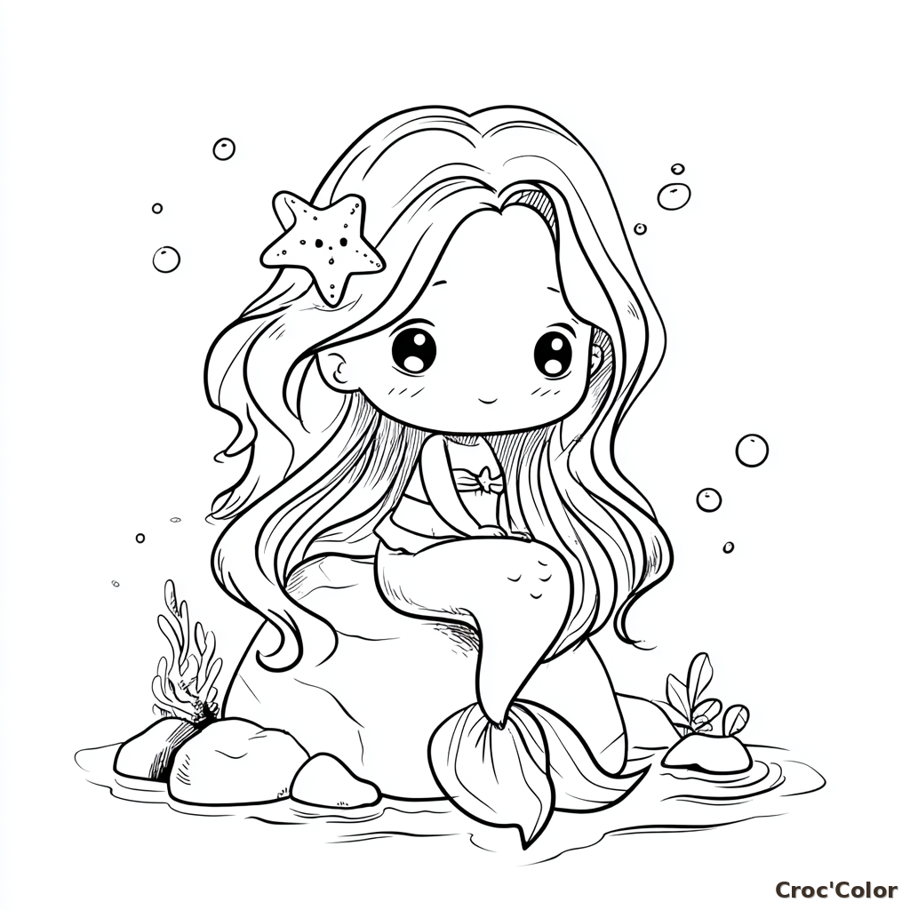 Coloriage Sirène Facile Maternelle - Dessin Petite Sirène sur son Rocher à Imprimer Gratuit