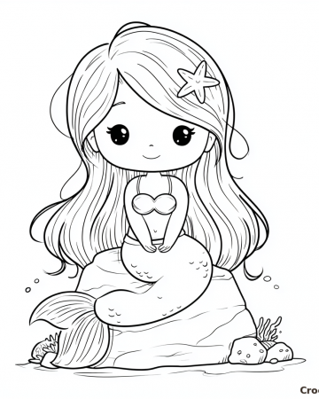 Coloriage Sirène Facile Maternelle - Dessin Petite Sirène sur son Rocher à Imprimer Gratuit