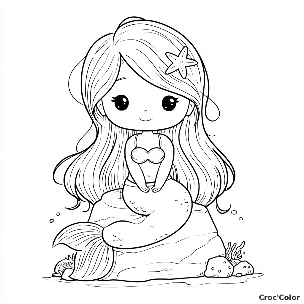 Coloriage Sirène Facile Maternelle - Dessin Petite Sirène sur son Rocher à Imprimer Gratuit