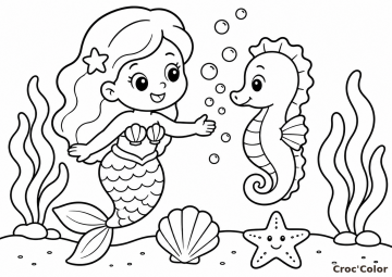 Coloriage Sirène et Hippocampe Facile - Dessin Sous-Marin Maternelle avec Coquillage et Étoile de Mer à Imprimer Gratuit