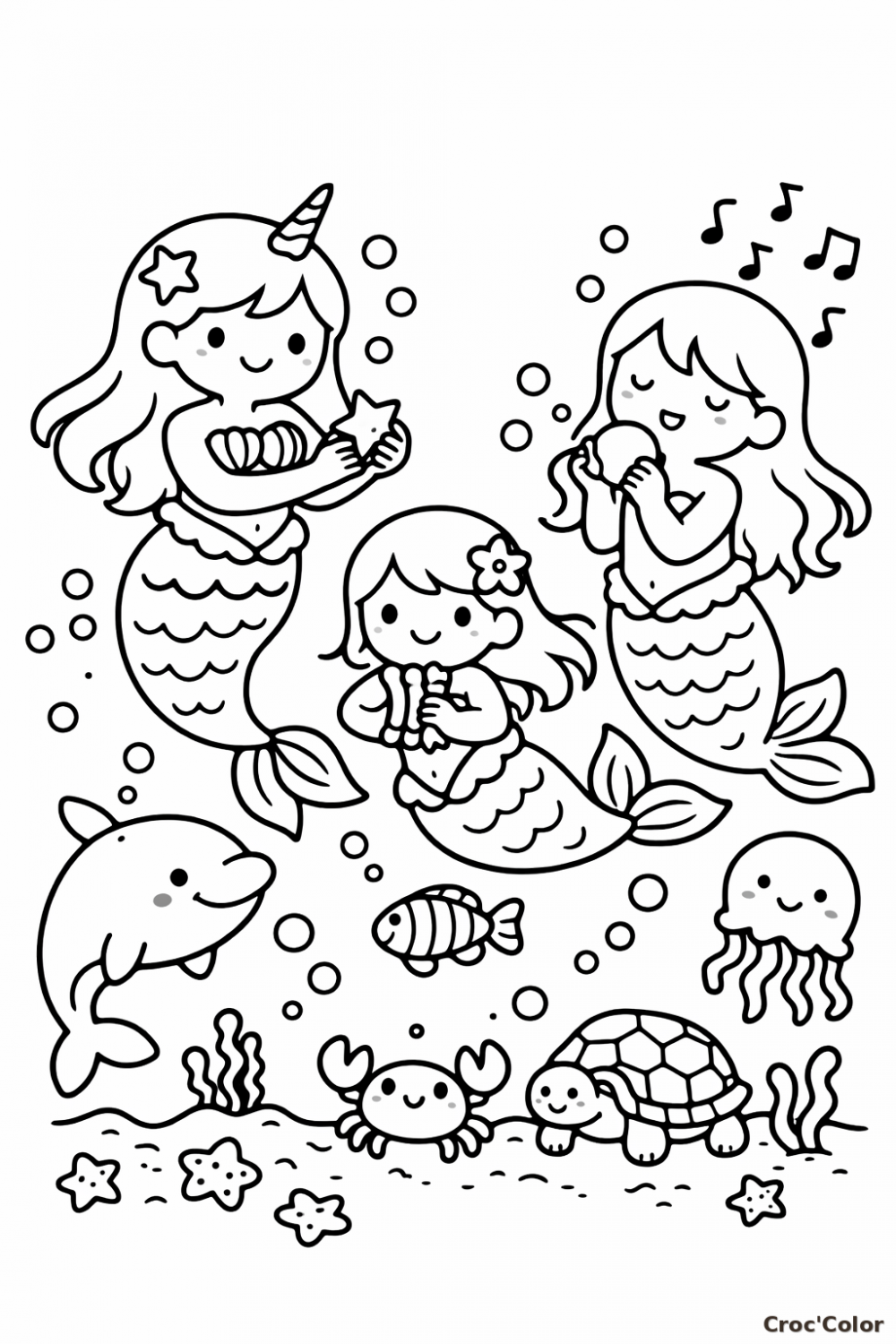 Coloriage Sirène Maternelle Facile - Dessin Trois Petites Sirènes et Animaux Marins à Imprimer Gratuit
