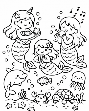 Coloriage Sirène Maternelle Facile - Dessin Trois Petites Sirènes et Animaux Marins à Imprimer Gratuit