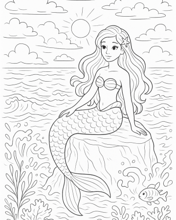 Coloriage Sirène sur un Rocher au Milieu de l'Océan - Dessin Mer à Imprimer