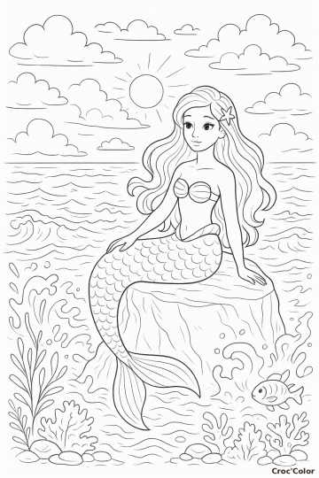 Coloriage Sirène sur un Rocher au Milieu de l'Océan - Dessin Mer à Imprimer