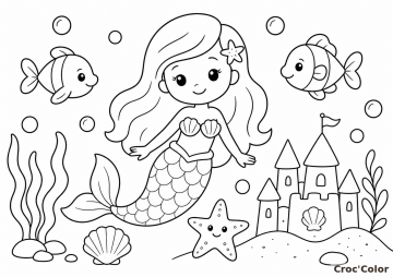 Coloriage Sirène sous l'Océan avec Poissons et Château de Sable - Gratuit
