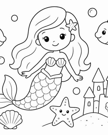 Coloriage Sirène sous l'Océan avec Poissons et Château de Sable - Gratuit