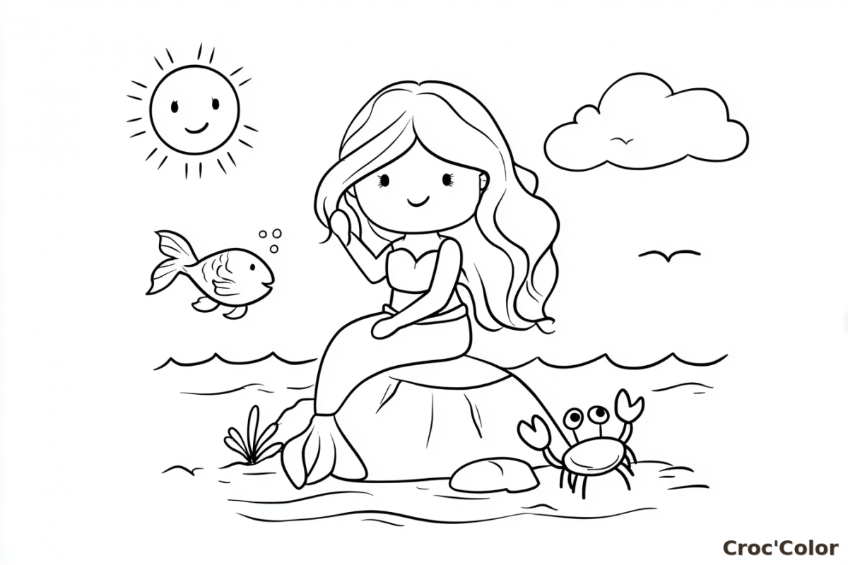 Coloriage Sirène Paysage Maternelle - Dessin Sirène et Crabe à Imprimer Gratuit