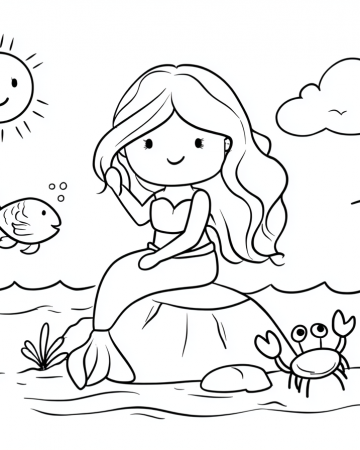 Coloriage Sirène Paysage Maternelle - Dessin Sirène et Crabe à Imprimer Gratuit
