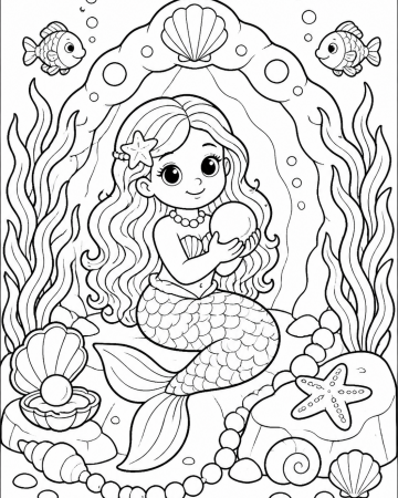 Coloriage Sirène et sa Perle Magique - Dessin Fond Marin à Imprimer Gratuit