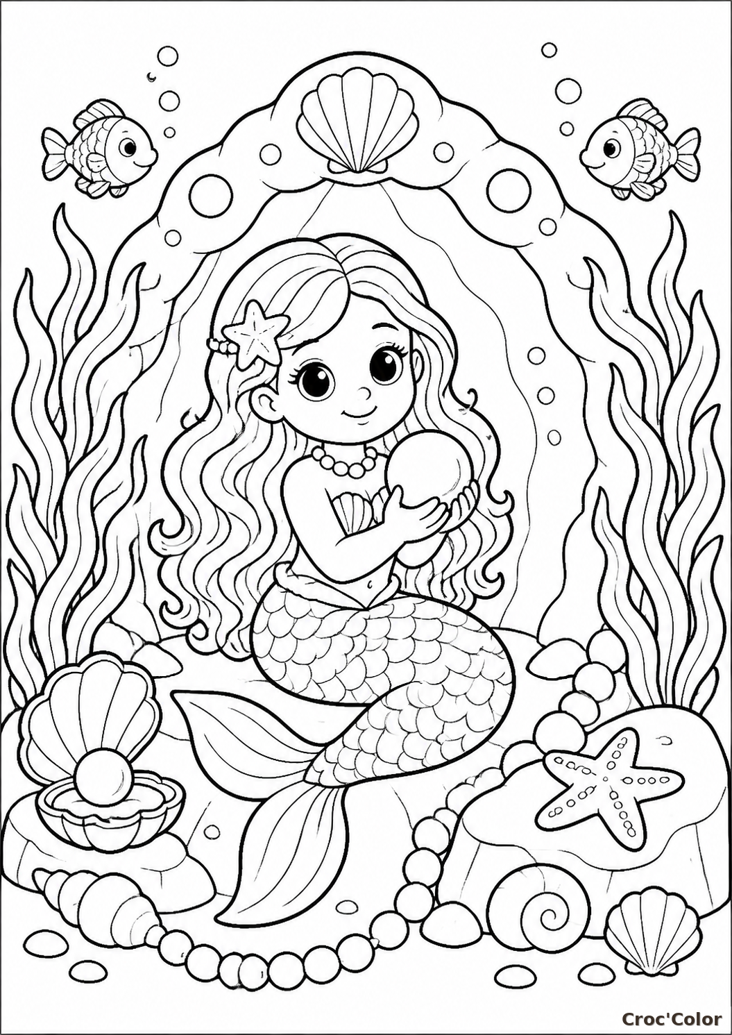 Coloriage Sirène et sa Perle Magique - Dessin Fond Marin à Imprimer Gratuit