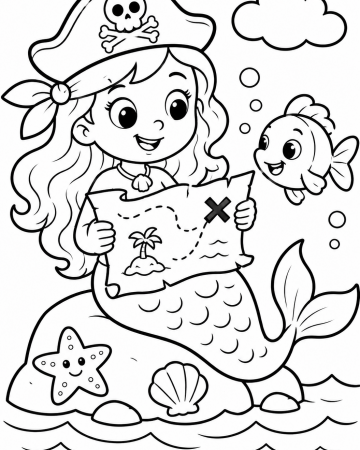 Coloriage Sirène Pirate Facile Maternelle - Dessin Sirène avec Carte au Trésor à Imprimer Gratuit