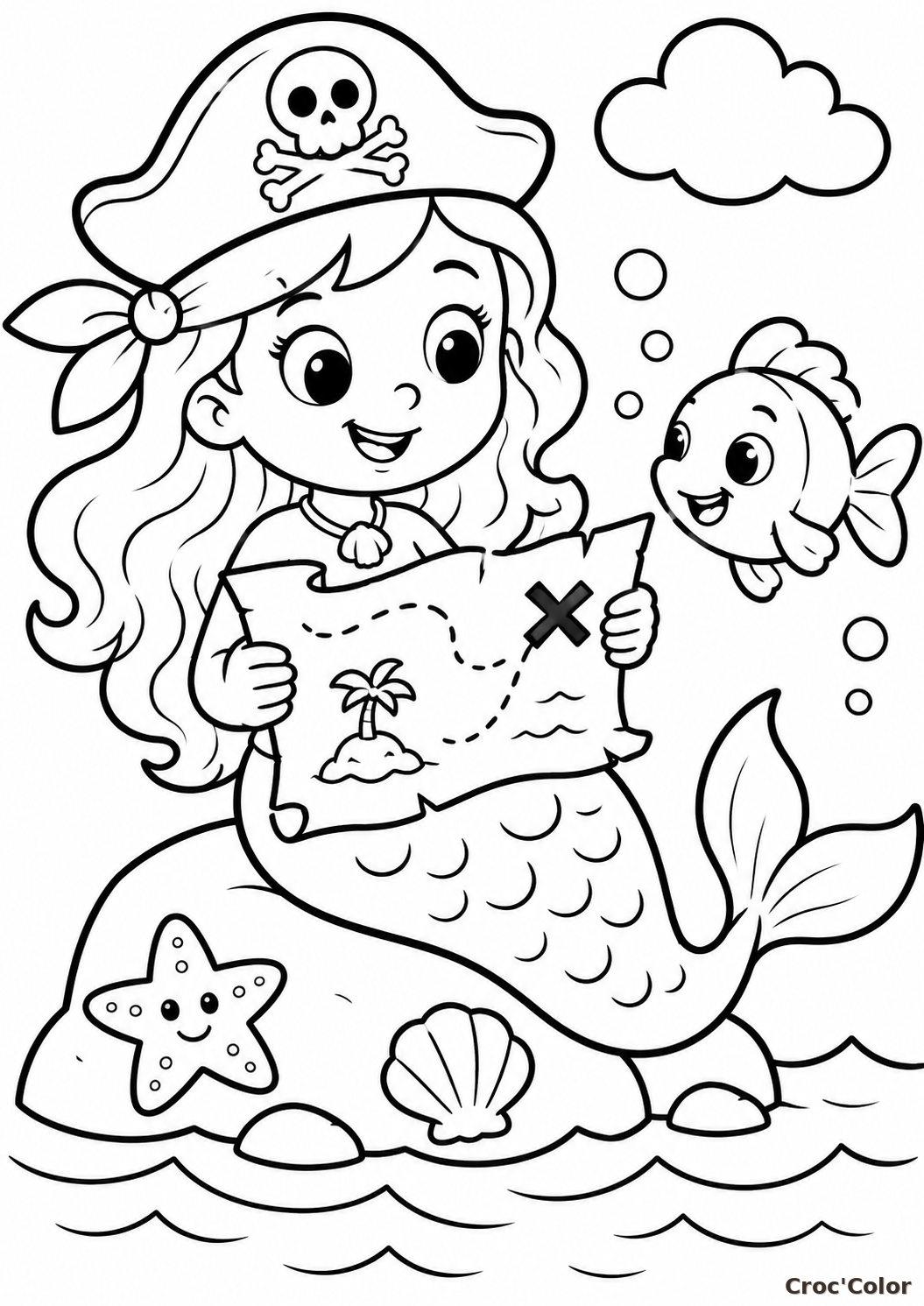 Coloriage Sirène Pirate Facile Maternelle - Dessin Sirène avec Carte au Trésor à Imprimer Gratuit