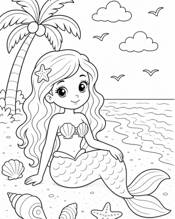 Coloriage Sirène sur la Plage et Coquillages - Dessin Vacances à Imprimer
