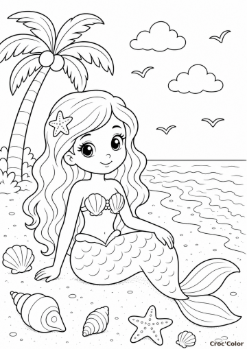 Coloriage Sirène sur la Plage et Coquillages - Dessin Vacances à Imprimer