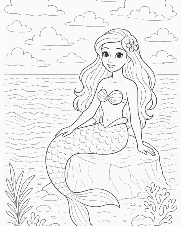 Coloriage Sirène sur son Rocher - Dessin Princesse des Mers à Imprimer Gratuit