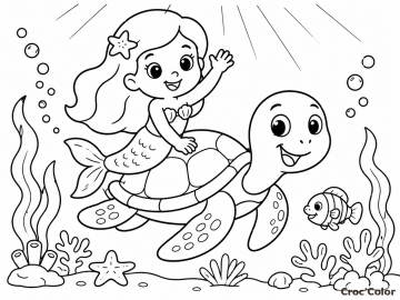 Coloriage Sirène Chevauchant une Tortue Marine Facile - Dessin Sous-Marin Chibi à Imprimer Gratuit