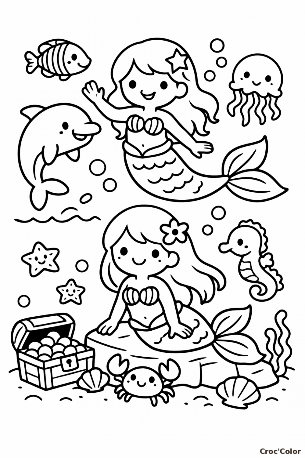 Coloriage Deux Petites Sirènes et Animaux Marins Facile - Dessin Océan à Imprimer