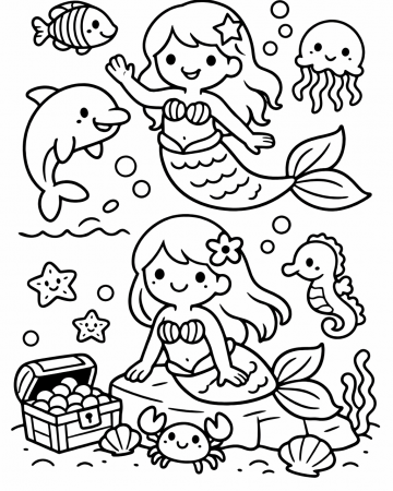 Coloriage Deux Petites Sirènes et Animaux Marins Facile - Dessin Océan à Imprimer