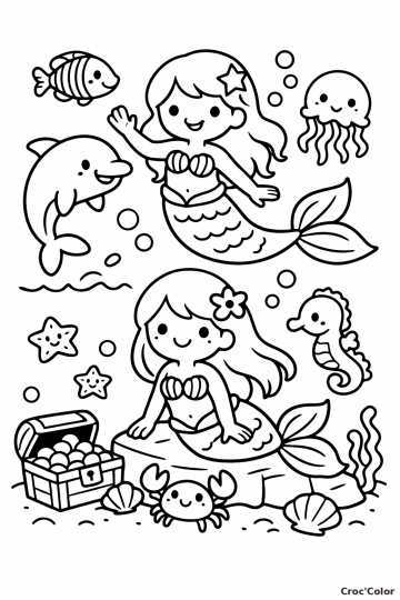 Coloriage Deux Petites Sirènes et Animaux Marins Facile - Dessin Océan à Imprimer