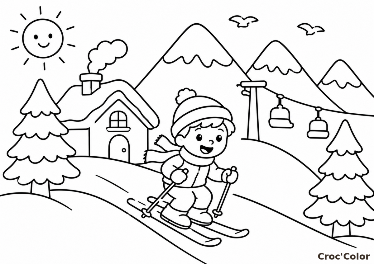 Coloriage Ski Facile Maternelle - Dessin Enfant à la Montagne et Chalet à Imprimer Gratuit