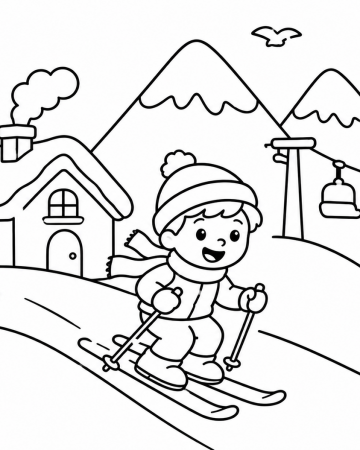 Coloriage Ski Facile Maternelle - Dessin Enfant à la Montagne et Chalet à Imprimer Gratuit