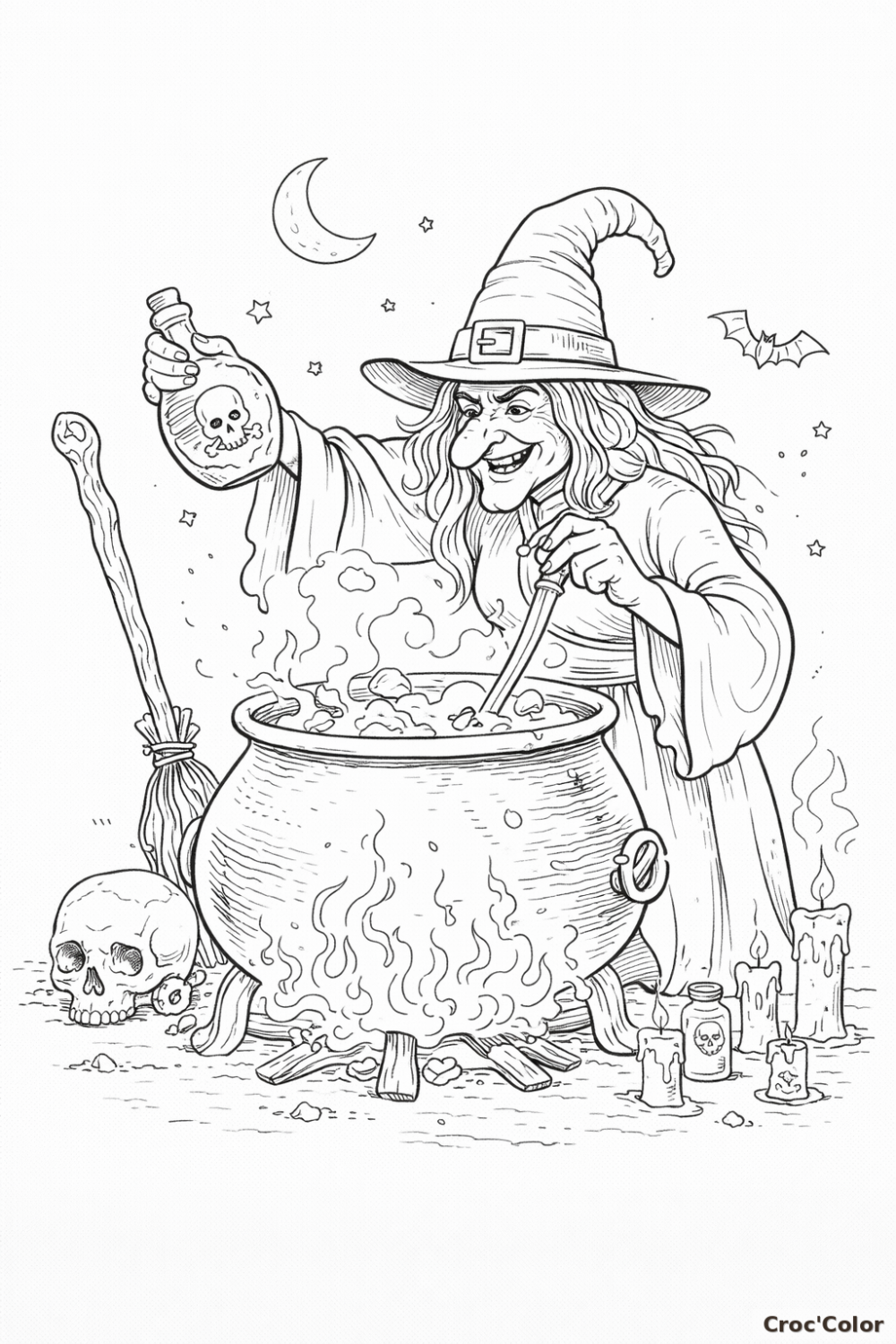 Coloriage Sorcière d'Halloween et son Chaudron Magique - Dessin Détaillé