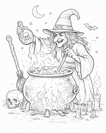 Coloriage Sorcière d'Halloween et son Chaudron Magique - Dessin Détaillé