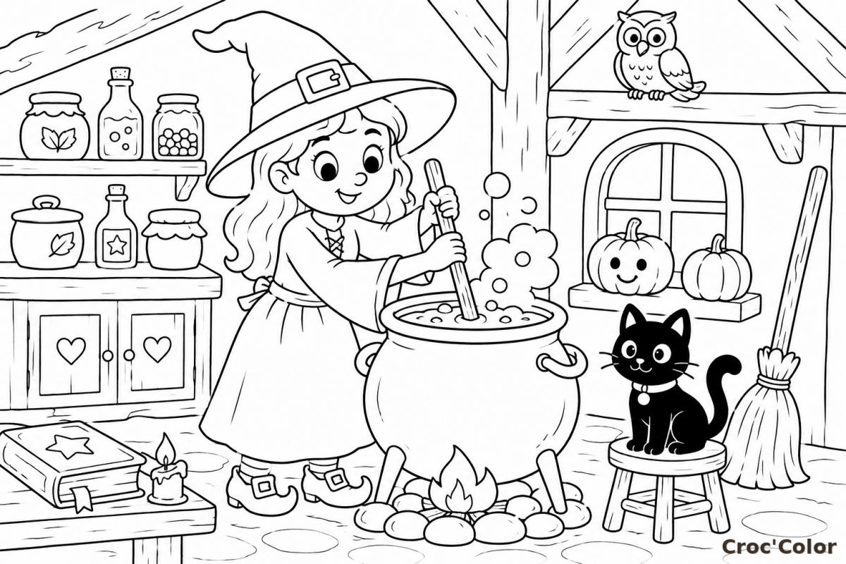 Coloriage Sorcière Potion Magique Halloween - Dessin Petite Sorcière, Chaudron, Chat Noir et Grenier à Imprimer Gratuit