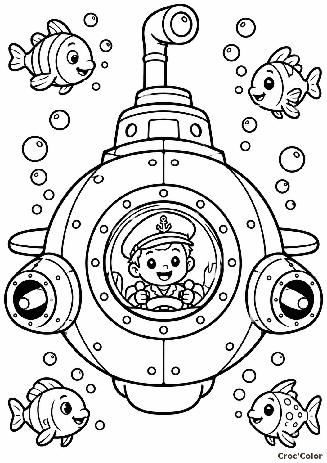 Coloriage Sous-Marin Jaune Explorateur Facile - Dessin Petit Capitaine, Périscope, Poissons Rigolos et Bulles à Imprimer Gratuit